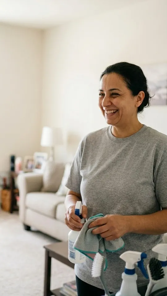 A cleaning business owner holding supplies in a client's living room